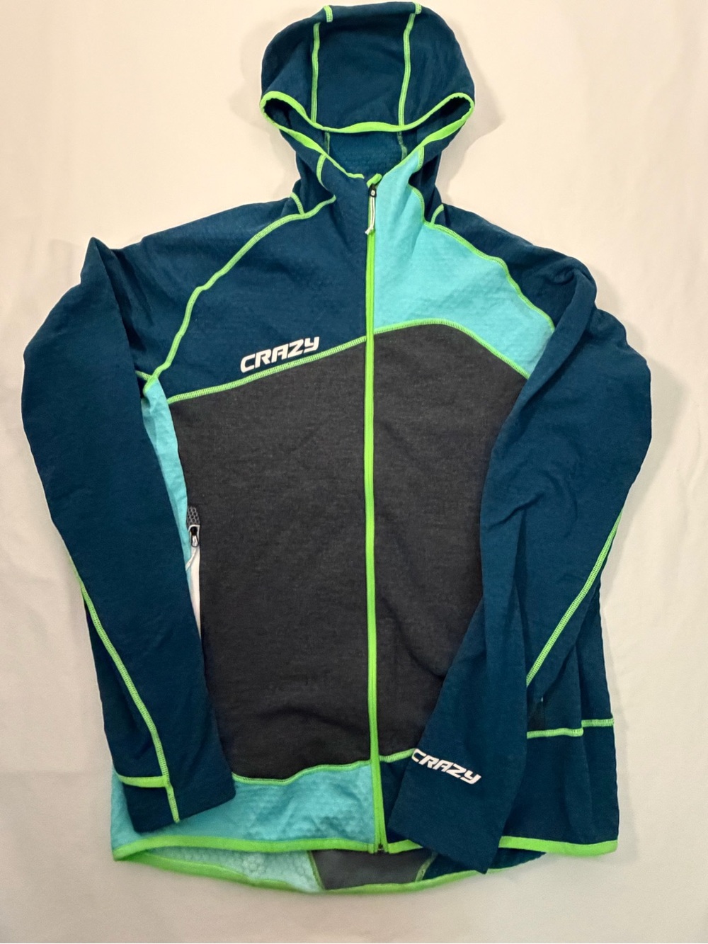 Crazy Colorblock Hooded Jacket XL Performance Fleece Teal, Dark Gray & Navy
